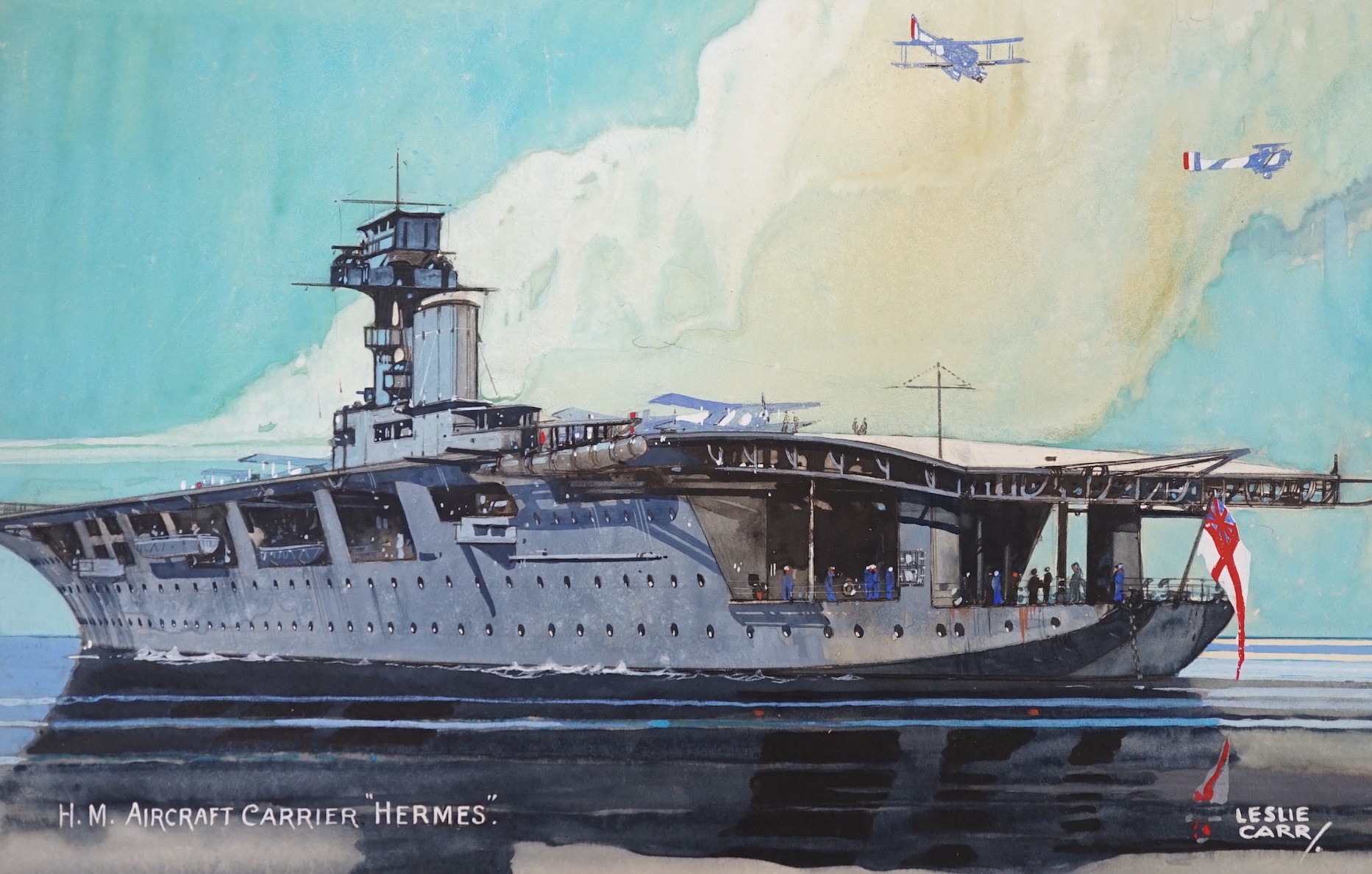 Leslie Carr (1891-1961), two watercolours with gouache, vintage postcard designs of Naval ships 'HMS Hermes' and 'Submarine XI', signed, 22 x 32cm, unframed